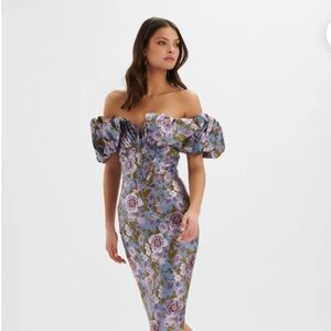 HARLOW JACQUARD CORSET PUFF SLEEVE MIDI DRESS IN BLUE PURPLE